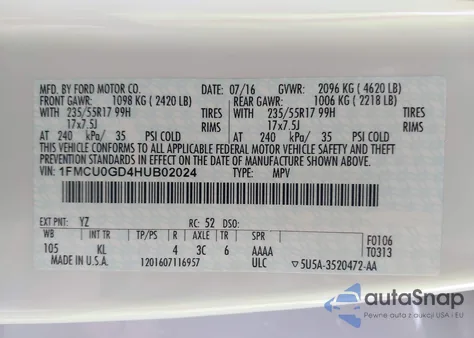 2017 Ford Escape Se z USA, uszkodzony, nr VIN 1FMCU0GD4HUB02024